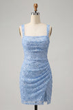 Sky Blue Bodycon Square Neck Sequins Ruched Lace Up Back Homecoming Dress with Slit