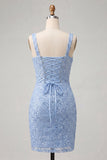 Sky Blue Bodycon Square Neck Sequins Ruched Lace Up Back Homecoming Dress with Slit