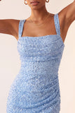 Sky Blue Bodycon Square Neck Sequins Ruched Lace Up Back Homecoming Dress with Slit