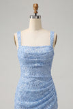 Sky Blue Bodycon Square Neck Sequins Ruched Lace Up Back Homecoming Dress with Slit