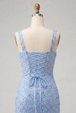 Sky Blue Bodycon Square Neck Sequins Ruched Lace Up Back Homecoming Dress with Slit