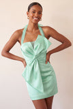 Bodycon Mint Green Halter Neck Satin Lace Up Back Homecoming Dress with Bow