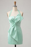 Bodycon Mint Green Halter Neck Satin Lace Up Back Homecoming Dress with Bow