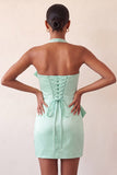 Bodycon Mint Green Halter Neck Satin Lace Up Back Homecoming Dress with Bow
