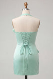 Bodycon Mint Green Halter Neck Satin Lace Up Back Homecoming Dress with Bow