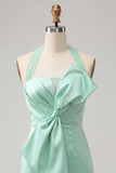 Bodycon Mint Green Halter Neck Satin Lace Up Back Homecoming Dress with Bow