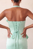 Bodycon Mint Green Halter Neck Satin Lace Up Back Homecoming Dress with Bow