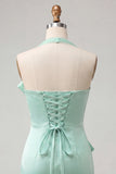 Bodycon Mint Green Halter Neck Satin Lace Up Back Homecoming Dress with Bow