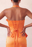 Bodycon Mint Green Halter Neck Satin Lace Up Back Homecoming Dress with Bow