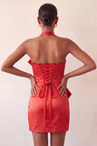 Bodycon Mint Green Halter Neck Satin Lace Up Back Homecoming Dress with Bow