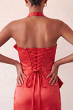 Bodycon Mint Green Halter Neck Satin Lace Up Back Homecoming Dress with Bow