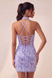 Bodycon Light Purple Halter Neck Sequins Lace Up Back Homecoming Dress