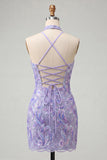 Bodycon Light Purple Halter Neck Sequins Lace Up Back Homecoming Dress