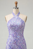 Bodycon Light Purple Halter Neck Sequins Lace Up Back Homecoming Dress