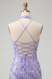 Bodycon Light Purple Halter Neck Sequins Lace Up Back Homecoming Dress