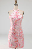 Bodycon Pink Halter Neck Sequins Lace Up Back Homecoming Dress