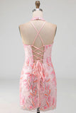 Bodycon Pink Halter Neck Sequins Lace Up Back Homecoming Dress