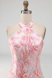 Bodycon Pink Halter Neck Sequins Lace Up Back Homecoming Dress