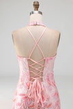 Bodycon Pink Halter Neck Sequins Lace Up Back Homecoming Dress