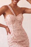 Champagne Bodycon One Shoulder Lace Up Back Homecoming Dress with Sequins