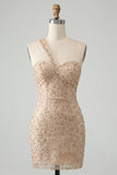 Champagne Bodycon One Shoulder Lace Up Back Homecoming Dress with Sequins