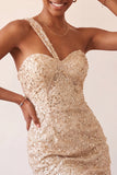 Champagne Bodycon One Shoulder Lace Up Back Homecoming Dress with Sequins