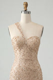 Champagne Bodycon One Shoulder Lace Up Back Homecoming Dress with Sequins