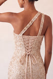 Champagne Bodycon One Shoulder Lace Up Back Homecoming Dress with Sequins
