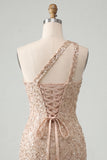 Champagne Bodycon One Shoulder Lace Up Back Homecoming Dress with Sequins
