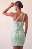Champagne Bodycon One Shoulder Lace Up Back Homecoming Dress with Sequins
