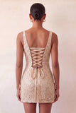 Mint Green Bodycon Square Neck Sequins Lace Up Back Homecoming Dress with Bow