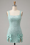 Mint Green Bodycon Square Neck Sequins Lace Up Back Homecoming Dress with Bow