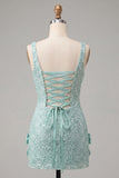 Mint Green Bodycon Square Neck Sequins Lace Up Back Homecoming Dress with Bow