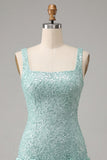 Mint Green Bodycon Square Neck Sequins Lace Up Back Homecoming Dress with Bow