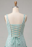 Mint Green Bodycon Square Neck Sequins Lace Up Back Homecoming Dress with Bow