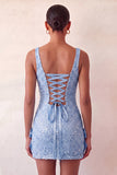 Mint Green Bodycon Square Neck Sequins Lace Up Back Homecoming Dress with Bow