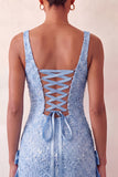 Mint Green Bodycon Square Neck Sequins Lace Up Back Homecoming Dress with Bow