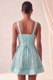 Sky Blue A-Line Square Neck Lace Up Back Sequins Homecoming Dress with Bow