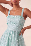 Sky Blue A-Line Square Neck Lace Up Back Sequins Homecoming Dress with Bow