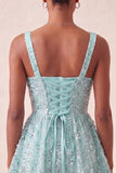 Sky Blue A-Line Square Neck Lace Up Back Sequins Homecoming Dress with Bow