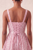 Sky Blue A-Line Square Neck Lace Up Back Sequins Homecoming Dress with Bow