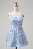 Sky Blue A-Line Square Neck Lace Up Back Sequins Homecoming Dress with Bow