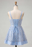 Sky Blue A-Line Square Neck Lace Up Back Sequins Homecoming Dress with Bow
