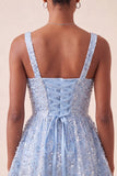 Sky Blue A-Line Square Neck Lace Up Back Sequins Homecoming Dress with Bow