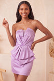 Strapless Light Purple Bodycon Lace Up Back Pearls Ruched Homecoming Dress