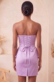 Strapless Light Purple Bodycon Lace Up Back Pearls Ruched Homecoming Dress