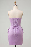 Strapless Light Purple Bodycon Lace Up Back Pearls Ruched Homecoming Dress
