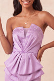 Strapless Light Purple Bodycon Lace Up Back Pearls Ruched Homecoming Dress