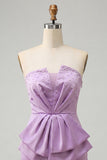 Strapless Light Purple Bodycon Lace Up Back Pearls Ruched Homecoming Dress
