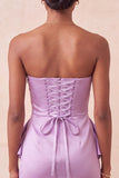 Strapless Light Purple Bodycon Lace Up Back Pearls Ruched Homecoming Dress